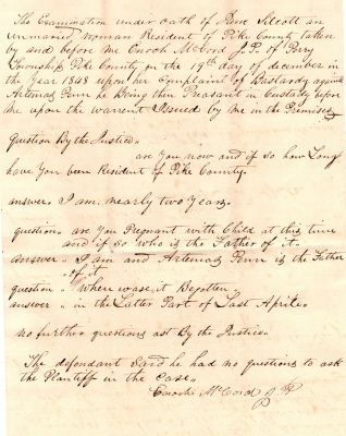 Click to view full size image
==============
Jane Silcott VS. Caleb Artemis Penn
This was Donated by a Anonymous Donor.
This is part of court documents for the court case of Jane Silcott VS. Caleb Artemis Penn on the paternity of Jane Silcott's unborn baby.
This document is dated 6 July 1849
Jane Silcott VS. Caleb Artemis Penn
This was Donated by a Anonymous Donor.
This is part of court documents for the court case of Jane Silcott VS. Caleb Artemis Penn on the paternity of Jane Silcott's unborn baby.
This document is dated 6 July 1849