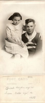 Click to view full size image
==============
Orval Hayden & Laura Belle Hayden
THIS HAS BEEN RETURNED TO FAMILY
This was Donated by Cheryl Webber.
This Real Photo Postcard States: "Orval Hayden, Age 15 & Laura Belle, Age 12, 1923"
Orval Hayden & Laura Belle Hayden
THIS HAS BEEN RETURNED TO FAMILY
This was Donated by Cheryl Webber.
This Real Photo Postcard States: "Orval Hayden, Age 15 & Laura Belle, Age 12, 1923"