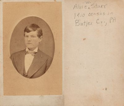 Click to view full size image
==============
Albert Wick "Alvie" Starr
This was Donated by Linda Zinn.
This CdV Photograph States: "Alvie W. Starr. 1910 Census in Butler, PA"
Albert Wick "Alvie" Starr
This was Donated by Linda Zinn.
This CdV Photograph States: "Alvie W. Starr. 1910 Census in Butler, PA"
