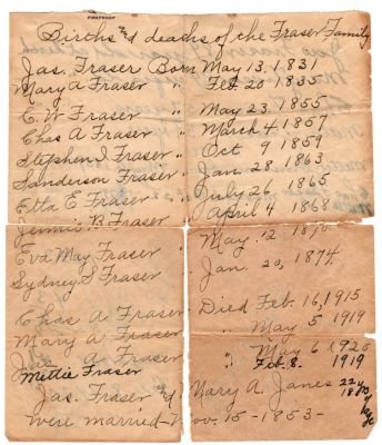 Click to view full size image
==============
James A. Fraser Family Records
THIS HAS BEEN RETURNED TO FAMILY
This was Donated by Linda Killebrew.
Family History on the James A. Fraser Family
James A. Fraser Family Records
THIS HAS BEEN RETURNED TO FAMILY
This was Donated by Linda Killebrew.
Family History on the James A. Fraser Family