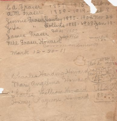 Click to view full size image
==============
James A. Fraser Family Records
THIS HAS BEEN RETURNED TO FAMILY
This was Donated by Linda Killebrew.
Family History on the James A. Fraser Family
James A. Fraser Family Records
THIS HAS BEEN RETURNED TO FAMILY
This was Donated by Linda Killebrew.
Family History on the James A. Fraser Family