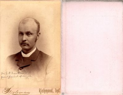 Click to view full size image
==============
Dr. E. P. Smithers
This Cabinet Card Photo States: "Dr. E. P. Smithers, V. S., great friend of mine, F"
The Photographers name is "Stigleman", Richmond, Indiana.
Dr. E. P. Smithers
This Cabinet Card Photo States: "Dr. E. P. Smithers, V. S., great friend of mine, F"
The Photographers name is "Stigleman", Richmond, Indiana.