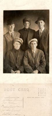 Click to view full size image
==============
Andrew Brink, Joe Klein, Einar Jacobson, John Henry Brink & Leo Devlin
THIS HAS BEEN RETURNED TO FAMILY
This was Donated by Cheryl Webber.
This Real Photo Postcard (RPPC) States: "Andrew Brink, Joe Klein, Einar Jacobson, Johnny Brink & Leo Devlin"
Andrew Brink, Joe Klein, Einar Jacobson, John Henry Brink & Leo Devlin
THIS HAS BEEN RETURNED TO FAMILY
This was Donated by Cheryl Webber.
This Real Photo Postcard (RPPC) States: "Andrew Brink, Joe Klein, Einar Jacobson, Johnny Brink & Leo Devlin"