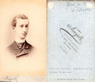 Click to view full size image
==============
Frederick A. Happy
This Cabinet Card Photo States: "Yours in 1881, F. A. Happy"
The Photographers name is "Naegeli", New York.
Frederick A. Happy
This Cabinet Card Photo States: "Yours in 1881, F. A. Happy"
The Photographers name is "Naegeli", New York.