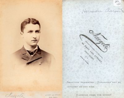 Click to view full size image
==============
Herman Aaron
This Cabinet Card Photo States: "Herman Aaron, 1881"
The Photographers name is "Naegeli", New York.
Herman Aaron
This Cabinet Card Photo States: "Herman Aaron, 1881"
The Photographers name is "Naegeli", New York.
