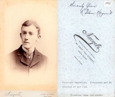 Click to view full size image
==============
Robert Nelson Kenyon
This Cabinet Card Photo States: "Sincerely Yours, R. Nelson Kenyon, 1881".
The Photographers name is "Naegeli", New York.
Robert Nelson Kenyon
This Cabinet Card Photo States: "Sincerely Yours, R. Nelson Kenyon, 1881".
The Photographers name is "Naegeli", New York.