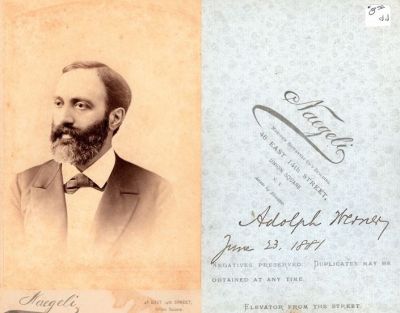 Click to view full size image
==============
Adolph Werner
This Cabinet Card Photo States: "Adolph Werner, 23 June 1881"
The Photographers name is "Naegeli", New York.
Adolph Werner
This Cabinet Card Photo States: "Adolph Werner, 23 June 1881"
The Photographers name is "Naegeli", New York.