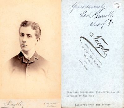 Click to view full size image
==============
Edw. P. Carroll
This Cabinet Card Photo States: "Yours Sincerely, Edw. P. Carroll, Class of 1881"
The Photographers name is "Naegeli",
Edw. P. Carroll
This Cabinet Card Photo States: "Yours Sincerely, Edw. P. Carroll, Class of 1881"
The Photographers name is "Naegeli",