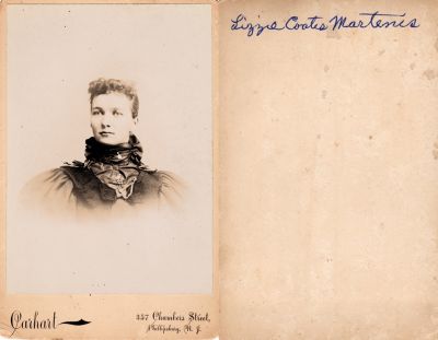 Lizzie Coates Martenis

THIS HAS BEEN RETURNED TO FAMILY

THIS This Cabinet Card Photo States: "Lizzie Coates Martenis"

The Photographers name is "Carhart", Phillipsburg, New Jersey.
