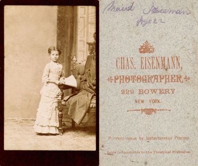 Click to view full size image
==============
Maud Freeman
THIS HAS BEEN DONATED TO THE SPECIAL COLLECTIONS AREA OF SYRACUSE UNIVERSITY LIBRARIES
This was donated by Pamela Crosby.
This CdV Photograph States: "Maud Freeman, Age 22"
The Photographers name is "Chas. Eisenmann", 229 Bowery, New York
Maud Freeman
THIS HAS BEEN DONATED TO THE SPECIAL COLLECTIONS AREA OF SYRACUSE UNIVERSITY LIBRARIES
This was donated by Pamela Crosby.
This CdV Photograph States: "Maud Freeman, Age 22"
The Photographers name is "Chas. Eisenmann", 229 Bowery, New York