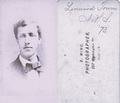 Click to view full size image
==============
Linwood Orville Towne
This CdV Photograph States: "Linwood Orville Towne, _ H. S., '73"
The Photographers name is "S. Wing", Boston, Massachusetts.
Linwood Orville Towne
This CdV Photograph States: "Linwood Orville Towne, _ H. S., '73"
The Photographers name is "S. Wing", Boston, Massachusetts.