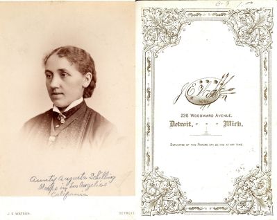 Click to view full size image
==============
Augusta Gutzka Schilling
This Cabinet Card Photo States: "Aunty Augusta Schilling, sleeps in Los Angeles, California"
The Photographers name is "J. E. Watson", Detroit, Michigan.
Augusta Gutzka Schilling
This Cabinet Card Photo States: "Aunty Augusta Schilling, sleeps in Los Angeles, California"
The Photographers name is "J. E. Watson", Detroit, Michigan.