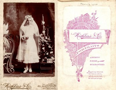 Francis Witt

This Cabinet Card Photo States: "Frances Witt, 1901"

The Photographers name is "Nicklas & Co.", Chicago, Illinois
