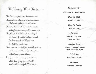 Click to view full size image
==============
Arvilla J. (Stansbery) Bridgford.
Funeral Memorial for Arvilla J. Bridgford.
Arvilla J. (Stansbery) Bridgford.
Funeral Memorial for Arvilla J. Bridgford.