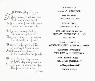 Click to view full size image
==============
Irma Phoebe (Wilson) Wenniger Burrows
Funeral Memorial for Irma Phoebe (Wilson) Wenniger Burrows.
Irma Phoebe (Wilson) Wenniger Burrows
Funeral Memorial for Irma Phoebe (Wilson) Wenniger Burrows.