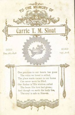 Carrie T. M. Sloat

Funeral Memorial Cabinet Card for Carrie T. M. Sloat.
