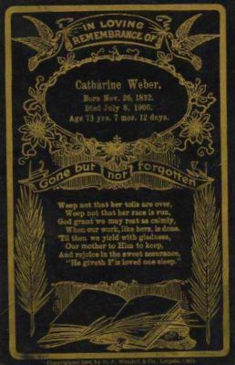 Catharine Weber

THIS HAS BEEN RETURNED TO FAMILY

Catharine Weber was the spouse to Jacob Weber

Date of Birth: 26 November 1832 Kaiserslautern, Germany.

Date of Death: 8 July 1906 Indiana.

Weber - Catharine Weber was born in Kaiserslautern, Germany, Nov 26, 1832, came to America with her parents at the age of three years, was united in marriage with Jacob Weber in Tuscarawas Co, Ohio. To this union were born one son and seven daughters. She came to Locke Twp, Elkhart Co, Ind, in 1856, where she has resided since.
Her husband died at Newbern, S C, in June 1865, he having been a soldier in the Civil War. She lived in widowhood 41 years.


