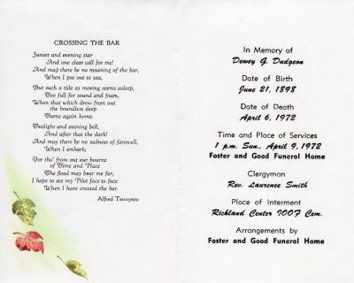 Click to view full size image
==============
Dewey G. Dudgeon
This Funeral Memorial was shared by Annie Palmer. The Funeral Memorial is for Dewey Gibson Dudgeon.
Dewey G. Dudgeon
This Funeral Memorial was shared by Annie Palmer. The Funeral Memorial is for Dewey Gibson Dudgeon.