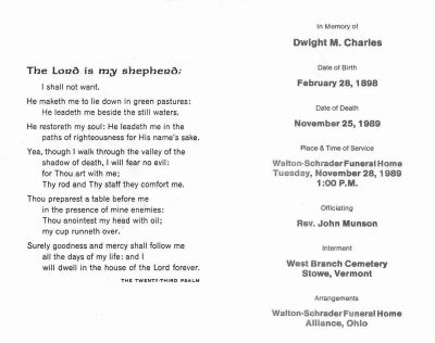 Click to view full size image
==============
Dwight M. Charles
THIS HAS BEEN RETURNED TO FAMILY.
Funeral Memorial for Mr. Dwight M. Charles
Dwight M. Charles
THIS HAS BEEN RETURNED TO FAMILY.
Funeral Memorial for Mr. Dwight M. Charles