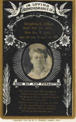 Seraphina Celestia Nevills

THIS HAS BEEN RETURNED TO FAMILY.

Seraphina Celestia Nevills

Date of Birth: 14 July 1873 • Kent, Grey County, Ontario, Canada.

Date of Death: 5 October 1921 • Eureka, Humboldt, California.

Seraphina Celestia Nevills Married Walter Monte Kinney.
