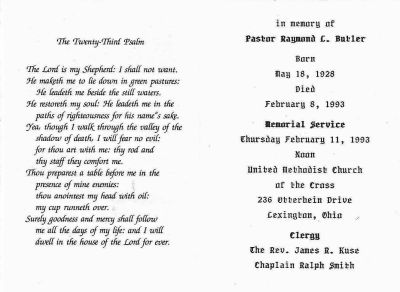 Pastor Raymond C. Butler

Funeral Memorial for Pastor Raymond C. Butler.
