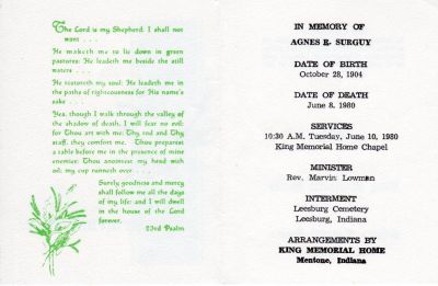 Anges R. Long Surguy

This was shared by Annie Palmer 

The Funeral Memorial is for Agnes R. Surguy 
