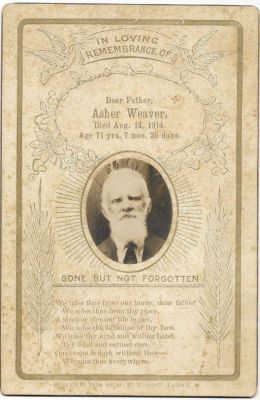 Click to view full size image
==============
Asher Joseph Weaver
THIS HAS BEEN RETURNED TO FAMILY.
Asher Joseph Weaver
Asher Joseph Weaver was the son to Josephus Weaver and Lariett E. Abbott.
Date of Birth: 15 December 1842 • Graves County, Kentucky.
Date of Death: 14 August 1914 • Maynard, Randolph, Arkansas.
Asher Joseph Weaver Married Harriet Jane Stone.
Asher Joseph Weaver
THIS HAS BEEN RETURNED TO FAMILY.
Asher Joseph Weaver
Asher Joseph Weaver was the son to Josephus Weaver and Lariett E. Abbott.
Date of Birth: 15 December 1842 • Graves County, Kentucky.
Date of Death: 14 August 1914 • Maynard, Randolph, Arkansas.
Asher Joseph Weaver Married Harriet Jane Stone.
