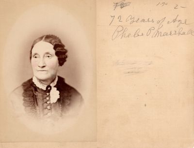 Click to view full size image
==============
Phoebe P. Marshall
This was Donated by Rita Wade.
This Cabinet Card Photo States: "72 years of age, Phoebe P. Marshall"
Phoebe P. Marshall
This was Donated by Rita Wade.
This Cabinet Card Photo States: "72 years of age, Phoebe P. Marshall"