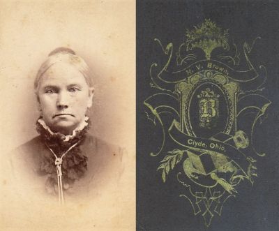 Click to view full size image
==============
Arabella Greene Mason Rudolph
THIS HAS BEEN DONATED TO THE JAMES A. GARFIELD NATIONAL HISTORICAL MUSEUM
This was Donated by Jessica Quiroz
This CdV Photograph has been identified as Arabella Green (Mason) Rudolph, mother of First Lady, Lucretia (Rudolph) Garfield.
Arabella Greene Mason Rudolph
THIS HAS BEEN DONATED TO THE JAMES A. GARFIELD NATIONAL HISTORICAL MUSEUM
This was Donated by Jessica Quiroz
This CdV Photograph has been identified as Arabella Green (Mason) Rudolph, mother of First Lady, Lucretia (Rudolph) Garfield.