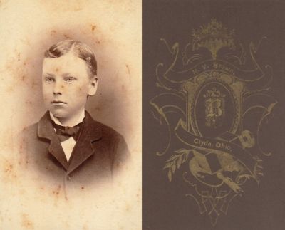 Click to view full size image
==============
Unidentified
THIS HAS BEEN DONATED TO THE JAMES A. GARFIELD NATIONAL HISTORICAL MUSEUM
This was Donated by Jessica Quiroz
Unidentified CdV Photograph
The Photographers name is "H. V. Brown", Clyde, Ohio.
The boy strongly resembles Harry A. Garfield.
Unidentified
THIS HAS BEEN DONATED TO THE JAMES A. GARFIELD NATIONAL HISTORICAL MUSEUM
This was Donated by Jessica Quiroz
Unidentified CdV Photograph
The Photographers name is "H. V. Brown", Clyde, Ohio.
The boy strongly resembles Harry A. Garfield.