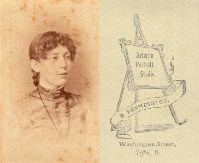 Click to view full size image
==============
Martha Gilbert “Workman” Lane Rudolph
THIS HAS BEEN DONATED TO THE JAMES A. GARFIELD NATIONAL HISTORICAL MUSEUM
This was Donated by Jessica Quiroz
This has been Identified as Martha Gilbert (Lane) Rudolph, sister-in-law of First Lady, Lucretia (Rudolph) Garfield.
The Photographers name is "B. Pennington", Tiffin, Ohio
Martha Gilbert “Workman” Lane Rudolph
THIS HAS BEEN DONATED TO THE JAMES A. GARFIELD NATIONAL HISTORICAL MUSEUM
This was Donated by Jessica Quiroz
This has been Identified as Martha Gilbert (Lane) Rudolph, sister-in-law of First Lady, Lucretia (Rudolph) Garfield.
The Photographers name is "B. Pennington", Tiffin, Ohio