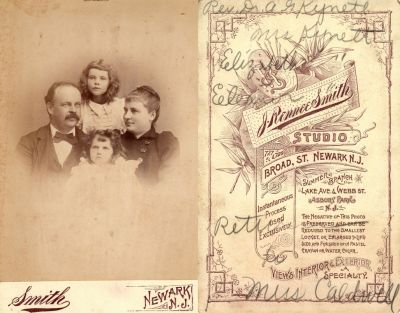 Click to view full size image
==============
Rev. Alpha Gilruth Kynett, Elizabeth Hardy Kynett, Elizabeth Hardy Kynett & Eleanor G, Kynett.
THIS HAS BEEN RETURNED TO FAMILY
This Cabinet Card Photo States: "Rev. Dr. A. G. Kynett, Mrs. Kynett, Elizabeth & Eleanor"
On Bottom says return to Miss Caldwell
The Photographers name is "J. Rennee Smith", Newark, New Jersey.
Rev. Alpha Gilruth Kynett, Elizabeth Hardy Kynett, Elizabeth Hardy Kynett & Eleanor G, Kynett.
THIS HAS BEEN RETURNED TO FAMILY
This Cabinet Card Photo States: "Rev. Dr. A. G. Kynett, Mrs. Kynett, Elizabeth & Eleanor"
On Bottom says return to Miss Caldwell
The Photographers name is "J. Rennee Smith", Newark, New Jersey.