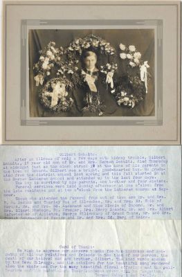 Click to view full size image
==============
Gilbert W. J. Schultz
THIS HAS BEEN RETURNED TO FAMILY
This photo mounted on board states: "Gilbert Schultz"
See back for further notes
Gilbert W. J. Schultz
THIS HAS BEEN RETURNED TO FAMILY
This photo mounted on board states: "Gilbert Schultz"
See back for further notes