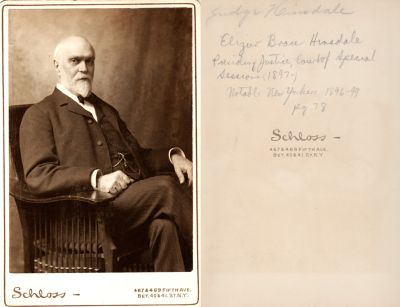 Click to view full size image
==============
Judge Elizur Brace “E. B.” Hinsdale
THIS HAS BEEN DONATED TO THE GENESSEE COUNTY HISTORICAL SOCIETY
This Cabinet Card Photo States: ""Judge Hinsdale.
Elizur Brace Hinsdale, Presiding Justice, Court of Special Sessions (1897-). Notable New Yorkers 1896-1899."
The Photographers name is "Schloss", New York, New York.
Judge Elizur Brace “E. B.” Hinsdale
THIS HAS BEEN DONATED TO THE GENESSEE COUNTY HISTORICAL SOCIETY
This Cabinet Card Photo States: ""Judge Hinsdale.
Elizur Brace Hinsdale, Presiding Justice, Court of Special Sessions (1897-). Notable New Yorkers 1896-1899."
The Photographers name is "Schloss", New York, New York.