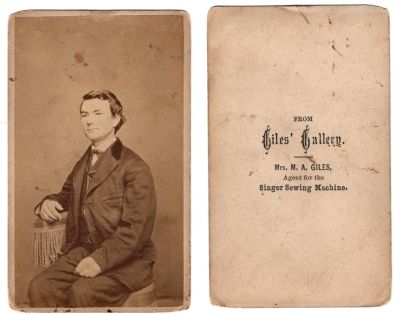 Unidentified

This was Donated by Cheryl Webber/The Terry Girls Genealogy

Unidentified CdV Photograph

The Photographers name is "Giles Gallery"
