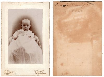 Click to view full size image
==============
Ward Messinger
This photo mounted on board states: "Ward Messinger, 3 months"
The Photographers name is "Little", 221 Main St., Marlboro, Massachusetts.
Ward Messinger
This photo mounted on board states: "Ward Messinger, 3 months"
The Photographers name is "Little", 221 Main St., Marlboro, Massachusetts.