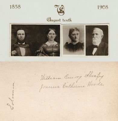 Click to view full size image
==============
William Emory Sherfey & Joanna Catherine Woods Sherfey
This Anniversary Card States: "10 August 1858-1908, William Emery Sherfey & Joanna Catherine Woods"
NOTE: to the left it states "Solomon"
William Emory Sherfey & Joanna Catherine Woods Sherfey
This Anniversary Card States: "10 August 1858-1908, William Emery Sherfey & Joanna Catherine Woods"
NOTE: to the left it states "Solomon"