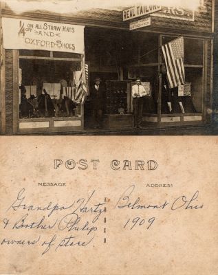 Click to view full size image
==============
Grandpa Hartz & Brother Philip
This Real Photo Postcard (RPPC) States: "Grandpa Hartz & Brother Philip, owners of store. Belmont, Ohio. 1909"
Grandpa Hartz & Brother Philip
This Real Photo Postcard (RPPC) States: "Grandpa Hartz & Brother Philip, owners of store. Belmont, Ohio. 1909"