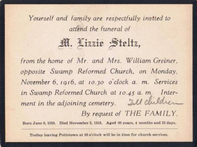 Click to view full size image
==============
M. Elizabeth "Lizzie" Steltz
This was shared by Deborah Schrader Hollowbush.
M. ELIZABETH "LIZZIE" STELTZ
Born 9 June 1850. Died 2 November 1916; aged 66 yrs, 4 months, 23 days.
Keywords: Swamp Reform Church M. Elizabeth "Lizzie" Steltz
This was shared by Deborah Schrader Hollowbush.
M. ELIZABETH "LIZZIE" STELTZ
Born 9 June 1850. Died 2 November 1916; aged 66 yrs, 4 months, 23 days.
Keywords: Swamp Reform Church