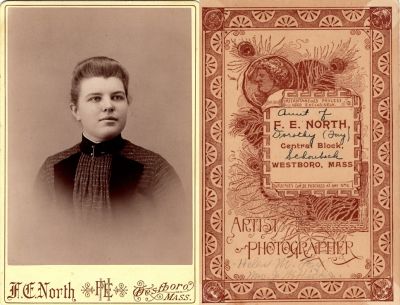 Helen Marion Fay Hicks

This Cabinet Card Photo States: "Aunt of Dorothy (Fay) Schouback, Helen M. Fay, Mrs. J. W. Hicks"

The Photographers name is "F. E. North", Westboro, Massachusetts.
