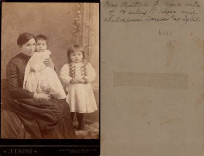 Click to view full size image
==============
Mattie S. Wade Kyes, Donna M. Kyes & Sybil O. Kyes
THIS HAS BEEN RETURNED TO FAMILY
This Cabinet Card Photo States: "Mrs. Mattie S. Kyes, wife of Harley P. Kyes & children, Donna & Sybil"
The Photographers name is "Judkins", Seattle, Washington
Mattie S. Wade Kyes, Donna M. Kyes & Sybil O. Kyes
THIS HAS BEEN RETURNED TO FAMILY
This Cabinet Card Photo States: "Mrs. Mattie S. Kyes, wife of Harley P. Kyes & children, Donna & Sybil"
The Photographers name is "Judkins", Seattle, Washington