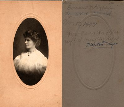 Carrie M. Kyes

THIS HAS BEEN RETURNED TO FAMILY

This photo mounted on board states: "Mrs. ____ M. Kyes. They were married 7 April 1907, Mrs. Carrie M. Kyes, wife of Harry Milton Kyes."

The Photographers name is "Hansen", Waupaca, Wisconsin
