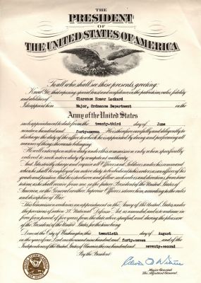 Click to view full size image
==============
Clarence Homer Lockard
This was Donated by Cheryl Webber.
This Certificate is Clarence Homer Lockard.
This Certificate appointed him Major of the Ordnance Department in the United States Army.
The Certificate is Dated 20 August 1947.
Clarence Homer Lockard
This was Donated by Cheryl Webber.
This Certificate is Clarence Homer Lockard.
This Certificate appointed him Major of the Ordnance Department in the United States Army.
The Certificate is Dated 20 August 1947.