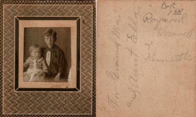 Click to view full size image
==============
Raymond & Kenneth George Draver
This small photo mounted on board states: "For Grandma & Aunt Ella. Raymond & Kenneth Draver"
Raymond & Kenneth George Draver
This small photo mounted on board states: "For Grandma & Aunt Ella. Raymond & Kenneth Draver"
