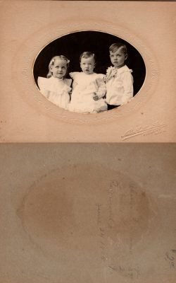 Click to view full size image
==============
Charles E. Draver, Gertrude L. Draver & Raymond J. Draver
This photo mounted on board states: "Charles E. Draver (3 years), Gertrude L. Draver (2 years) & Raymond J. Draver (1 year), 24 June 1905."
The Photographers name is "Noble's Cottage Studio), Fremont, Michigan
Charles E. Draver, Gertrude L. Draver & Raymond J. Draver
This photo mounted on board states: "Charles E. Draver (3 years), Gertrude L. Draver (2 years) & Raymond J. Draver (1 year), 24 June 1905."
The Photographers name is "Noble's Cottage Studio), Fremont, Michigan