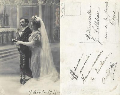 Gabrielle Filleteau

This Real Photo Postcard (RPPC) States:

" Affectueuse souvenir væux sincères de bonheur."

Translation by Tenna Weber Olsson:
Affectionate memory - sincere wishes of happiness.

Andrea

The Real Photo Postcard (RPPC) is addressed to:
Mademoiselle (Miss) G. Filleteau
Rue de la Pompe
Cozes (today 17120)
France


