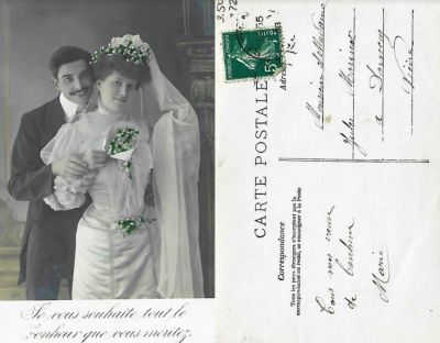 Mr. and Mrs. Jules Morinar

The Front of this Real Photo Postcard States (RPPC):

"Je vous souhaite tout le bonheur que vous méritez

Translation by Tenna Weber Olsson:

I wish you all the happiness you deserve)

The Back of the Real Photo Postcard (RPPC) States:

"Monsieur et Madame Jules Morinar (Mr. and Mrs. Jules Morinar)

a Sornay

Venise (?)"

Translation by Tenna Webber Olsson:

"Tous mes væux de bonheur, Marie (All my best wishes of your future happiness, Marie"

NOTE: Not sure which of 2 Sornay towns it is, could be a name o
