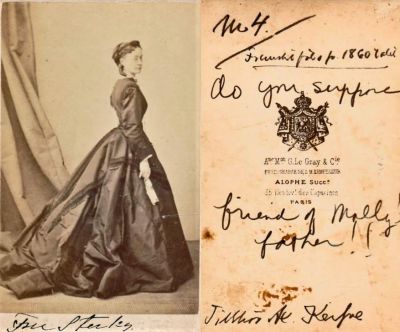 Frcs. (or Frau.) Sterley (Or Sterleg)

This CdV photo appears to read on the front side: "Frcs. (or Frau.) Sterley (or Sterleg)". On the reverse side it reads in English: "Do you suppose a friend of Molly's father!!" It also reads (partial translation/undetermined language): "French photo ?? 1860 ??" At the bottom of the reverse side, appears a name which is difficult to decipher. Possibly: Justin Al. Keihre (Keihne, Keihve, etc...). Photo made by G. Le Gray & Co., Paris, France. This photo was an Ebay acquisition.
