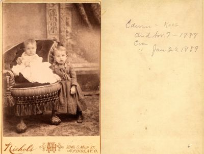 Click to view full size image
==============
Edwin Karg Hull & Eva M. Hull
This Cabinet Card Photo States: "Edwin Karg, Died 7 November 1888 & Eva, Died 22 January 1889"
The Photographers name is "Nichols", Findlay, Ohio.
Edwin Karg Hull & Eva M. Hull
This Cabinet Card Photo States: "Edwin Karg, Died 7 November 1888 & Eva, Died 22 January 1889"
The Photographers name is "Nichols", Findlay, Ohio.