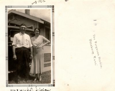 Click to view full size image
==============
John Domenic Simion & Sophia A. Ovadon Simion
This Photo States: "Mr. & Mrs. J. D. Simion"
The Photo was taken in August 1932.
The Photographers name is "The Ferguson Studio", Pittsburg, Kansas.
John Domenic Simion & Sophia A. Ovadon Simion
This Photo States: "Mr. & Mrs. J. D. Simion"
The Photo was taken in August 1932.
The Photographers name is "The Ferguson Studio", Pittsburg, Kansas.